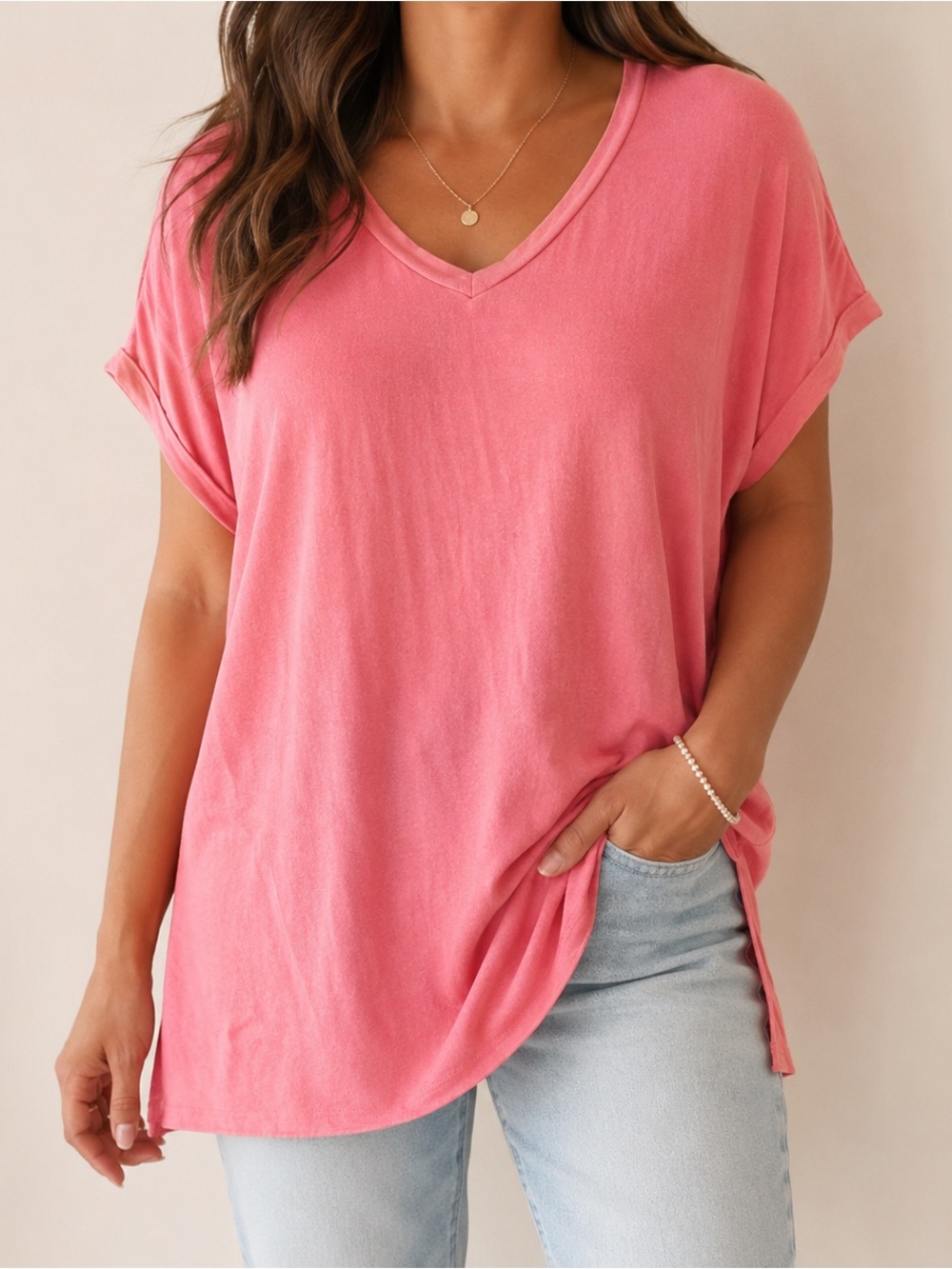 Angie Womens L Pink Oversized V Neck Tunic Top Stretchy Relaxed Boho
